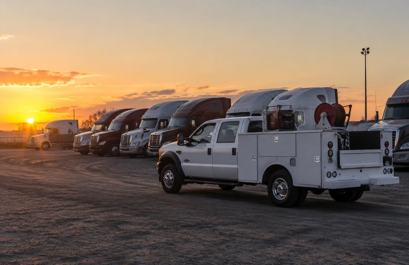 Mechanic service truck parked beside a row of semi trucks at sunrise
