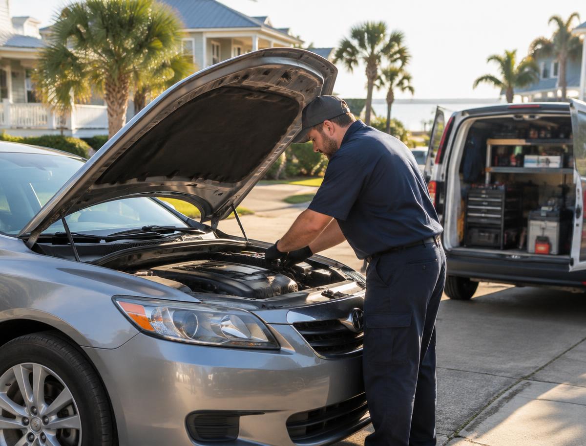 Mobile mechanic working under the hood of a car in a driveway