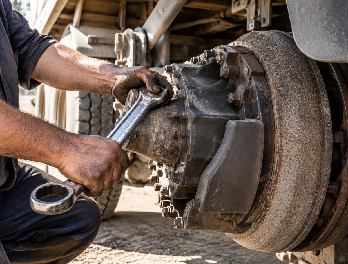 Mechanic wrenching on a heavy duty truck wheel hub and brake assembly